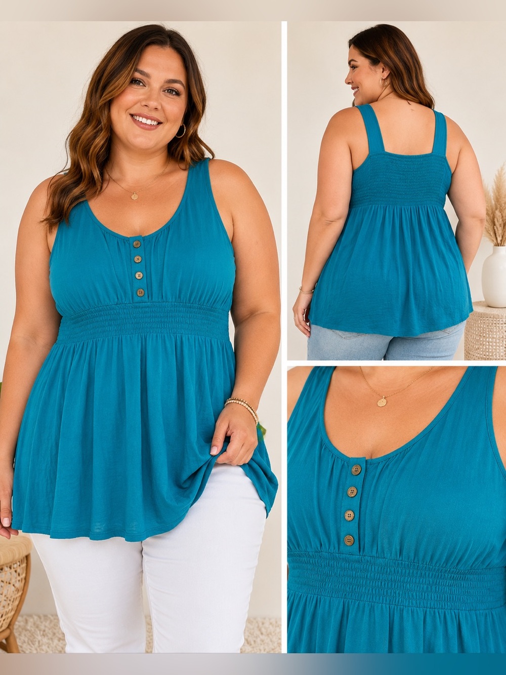 Y2K Style Torrid Babydoll Tank Top Size 1X Blue Smocked 1/4 Button BOHO Beach